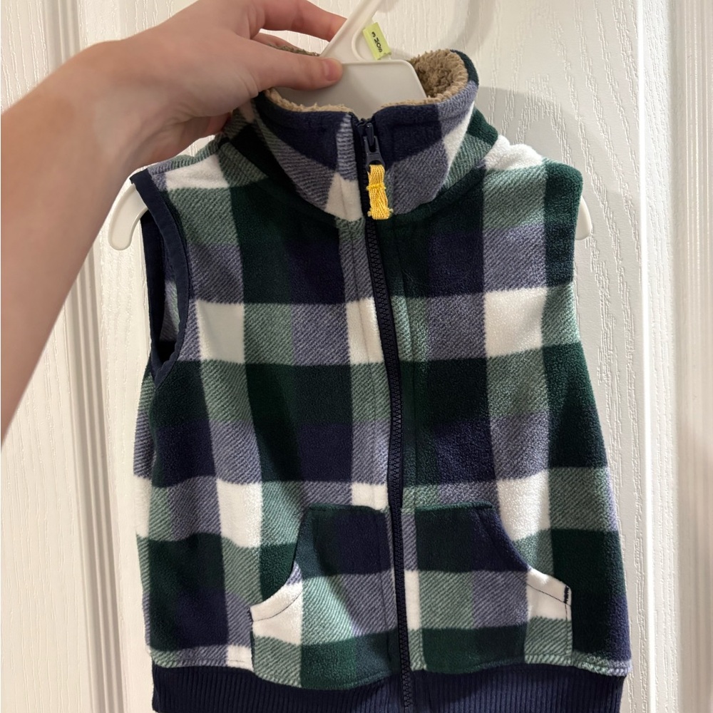 Checkered Fleece Vest with Pockets